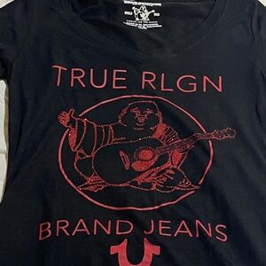 True Religion Women’s Black Buddha Red Crystal Slim Fit T Shirt Size X Small